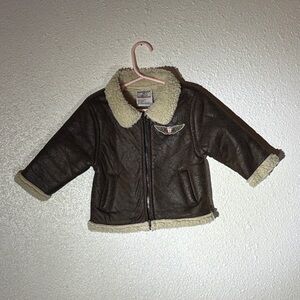 Brown Faux Leather Jacket with Shearling Trim